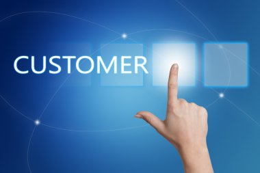Customer - hand pressing button on interface with blue background.