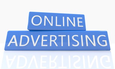 Online Advertising - 3d render blue box with text on it on white background with reflection