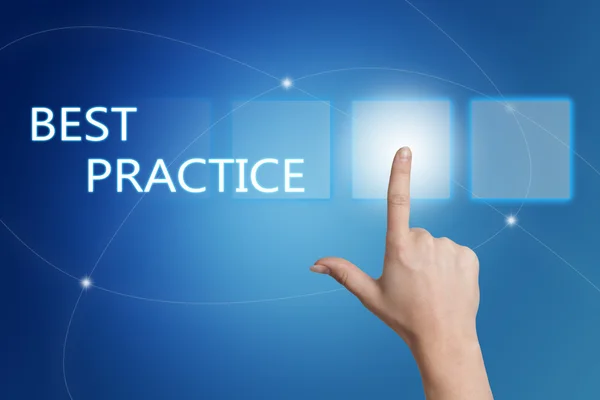 Best Practice - hand pressing button on interface with blue background. — Zdjęcie stockowe