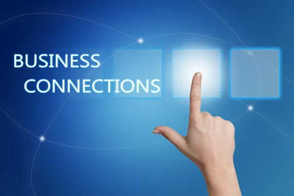 Business Connections - hand pressing button on interface with blue background. — ストック写真