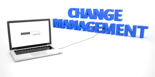 Change Management - laptop notebook computer connected to a word on white background. 3d render illustration. — ストック写真