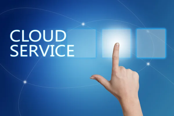 Cloud Service - hand pressing button on interface with blue background. — Stock fotografie