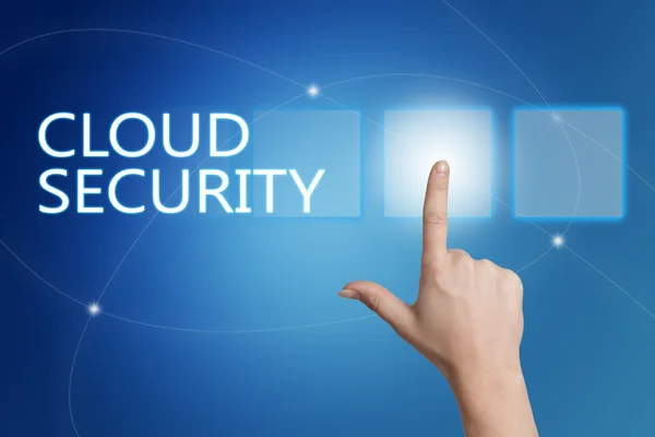 Cloud Security - hand pressing button on interface with blue background. — Stok fotoğraf
