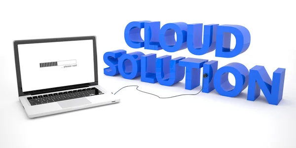 Cloud Solution - laptop notebook computer connected to a word on white background. 3d render illustration. — Stok fotoğraf