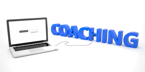 Coaching - laptop notebook computer connected to a word on white background. 3d render illustration. — Stock Fotó