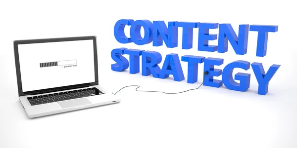 Content Strategy - ноутбук, подключенный к слову на белом фоне. Трехмерная иллюстрация . — стоковое фото