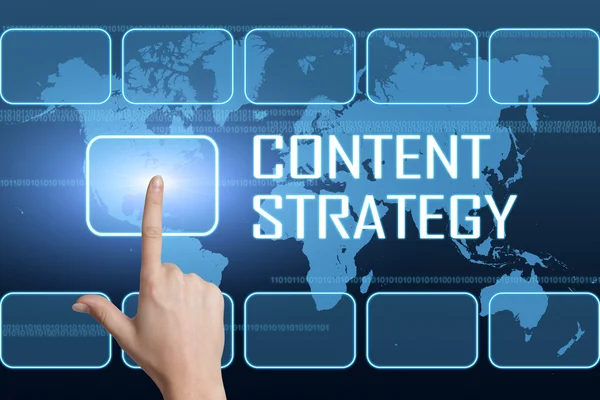 Content Strategy Konzept mit Schnittstelle und Weltkarte auf blauem Hintergrund — Stockfoto