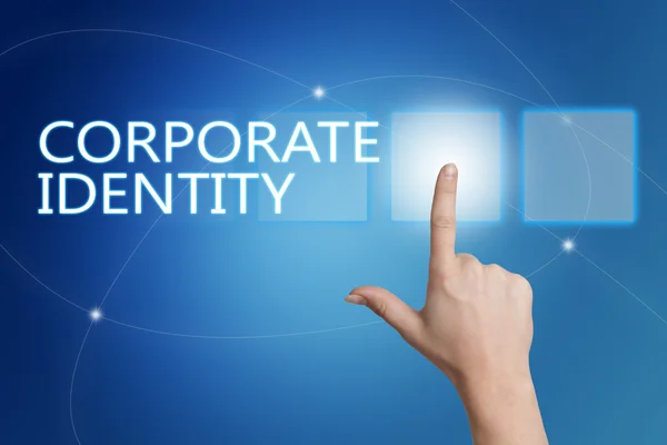 Corporate Identity - hand pressing button on interface with blue background. — Stock Photo, Image