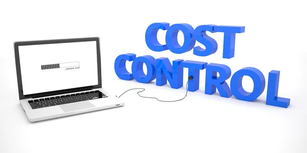 Cost Control - комп'ютер ноутбука, підключений до слова на білому тлі. 3d ілюстрація рендеринга . — стокове фото