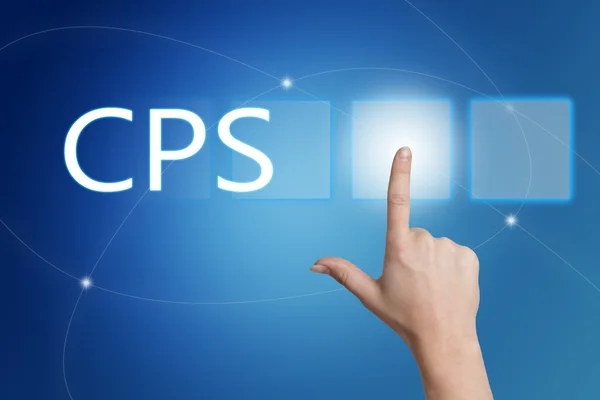 CPS - Costo por venta - pulsador de mano en la interfaz con fondo azul . — Foto de Stock