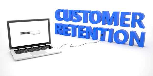 Customer Retention - laptop notebook computer connected to a word on white background. 3d render illustration. — Stock Photo, Image