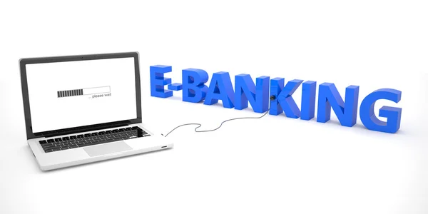 E-Banking - notebook portatile collegato a una parola su sfondo bianco. Illustrazione rendering 3d . — Foto Stock
