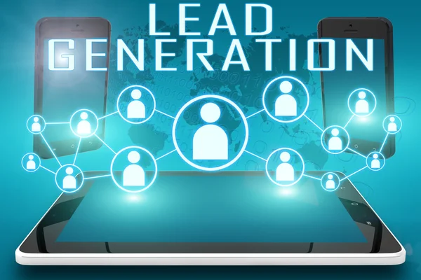 Lead Generation - text illustration with social icons and tablet computer and mobile cellphones on cyan digital world map background.