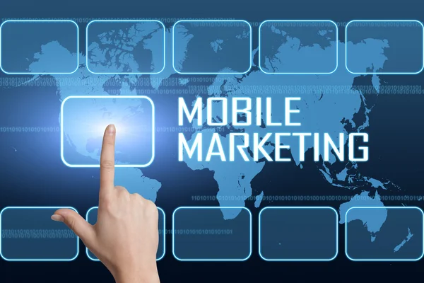 Mobiles Marketingkonzept mit Schnittstelle und Weltkarte auf blauem Hintergrund — Stockfoto