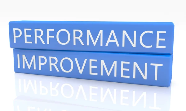 Performance Improvement - 3d render blue box with text on it on white background with reflection — Stock Photo, Image