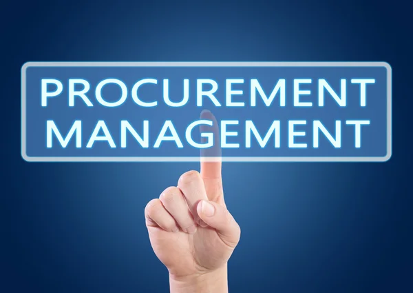 Procurement Management - hand pressing button on interface with blue background. — 图库照片