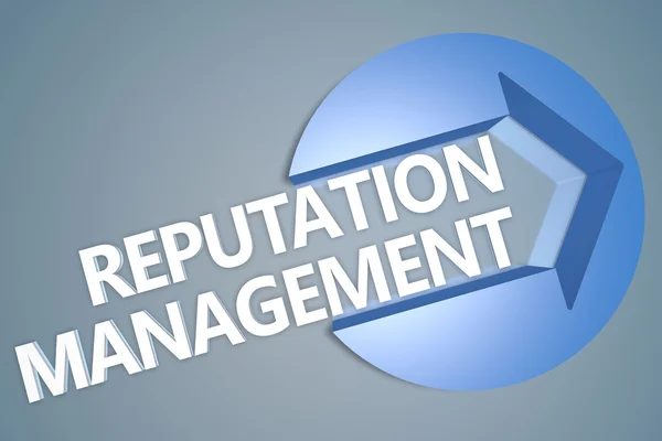 Managementul reputației - text 3d face conceptul de ilustrare cu o săgeată într-un cerc pe fundal albastru-gri — Fotografie, imagine de stoc