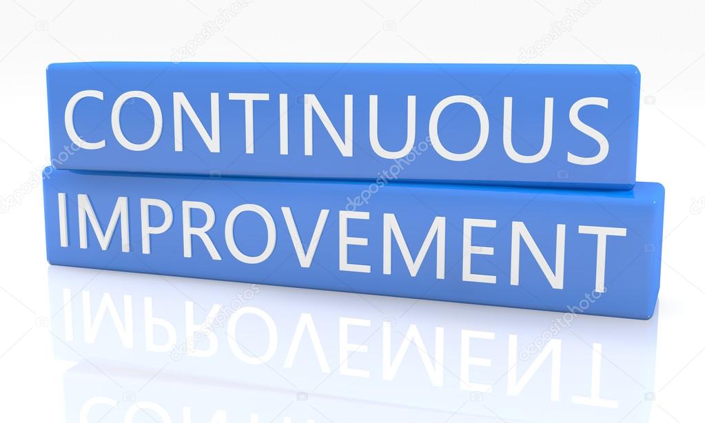 Continuous Improvement - 3d render blue box with text on it on white background with reflection