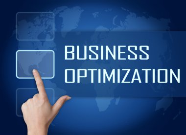 İş optimizasyonu kavramı arayüzü ve dünya harita üzerinde mavi arka plan ile