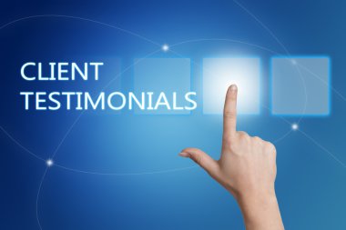 Client Testimonials - hand pressing button on interface with blue background.
