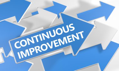 Continuous Improvement - 3d render concept with blue and white arrows flying over a white background.