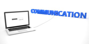 Communication - laptop notebook computer connected to a word on white background. 3d render illustration.