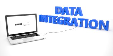 Data Integration - laptop notebook computer connected to a word on white background. 3d render illustration.