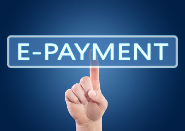 E-Payment - hand pressing button on interface with blue background.