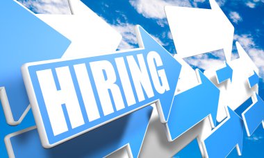 Hiring - 3d render concept with blue and white arrows flying in a blue sky with clouds