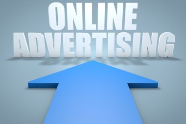Online Advertising - 3d render concept of blue arrow pointing to text.