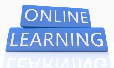 Online Learning - 3d render blue box with text on it on white background with reflection
