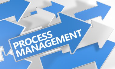 Process Management - 3d render concept with blue and white arrows flying over a white background.