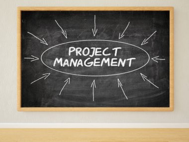 Project Management - 3d render illustration of text on black chalkboard in a room.