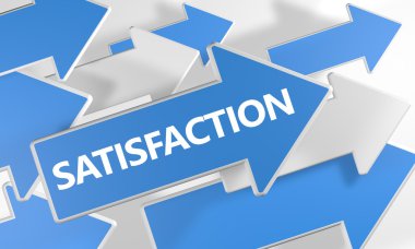 Satisfaction - 3d render concept with blue and white arrows flying over a white background.