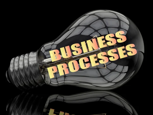 Processos de negócios - lâmpada no fundo preto com texto nele. 3d renderizar ilustração . — Fotografia de Stock