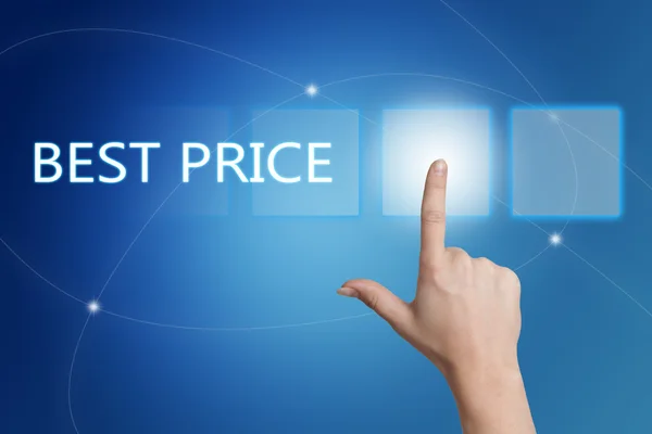 Best Price - hand pressing button on interface with blue background. — Stock fotografie