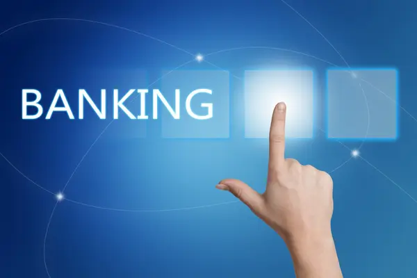 Банковское обслуживание - ручное нажатие кнопки на интерфейсе с синим фоном . — стоковое фото