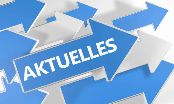 Aktuelles - german word for current, news, topically or updated  - 3d render concept with blue and white arrows flying over a white background. — Stock Fotó