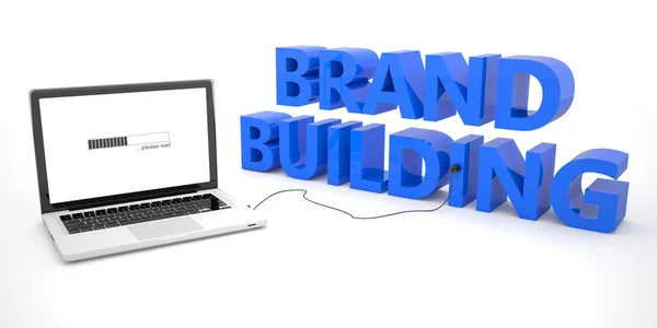 Brand Building - laptop notebook computer connected to a word on white background. 3d render illustration. — ストック写真