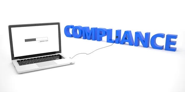 Compliance - laptop notebook computer connected to a word on white background. 3d render illustration. — Stock Photo, Image