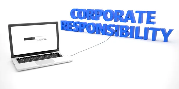 Corporate Responsibility - laptop notebook computer connected to a word on white background. 3d render illustration. — Stock Fotó