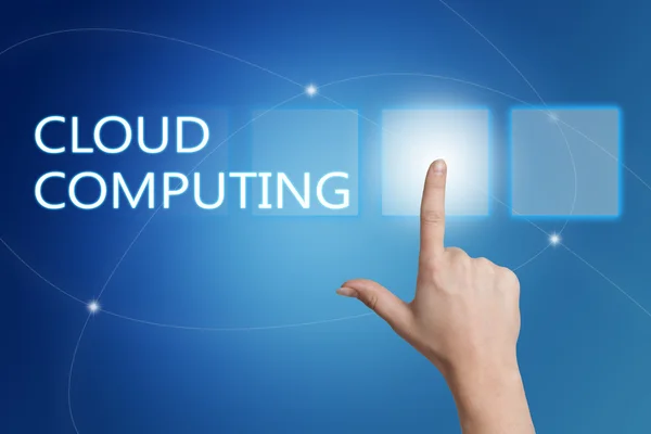 Cloud Computing - hand pressing button on interface with blue background. — Stock fotografie