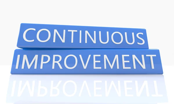 Continuous Improvement - 3d render blue box with text on it on white background with reflection — Stock Photo, Image