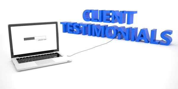 Client Testimonials adalah komputer laptop notebook yang terhubung ke kata di latar belakang putih. Ilustrasi render 3d . — Stok Foto