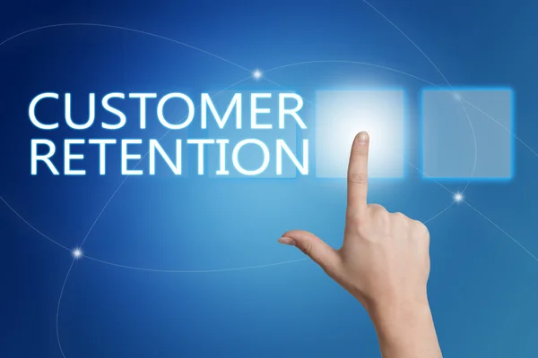 Customer Retention - hand pressing button on interface with blue background. — Stockfoto