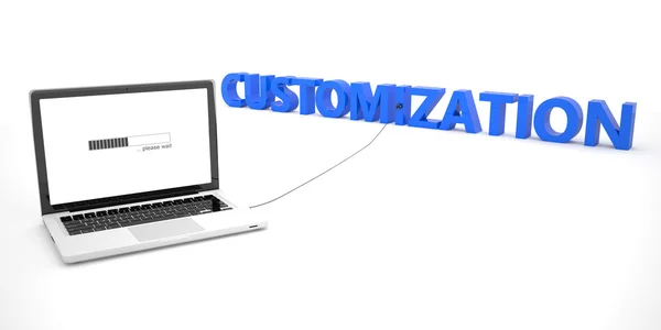 Customization - laptop notebook computer connected to a word on white background. 3d render illustration. — Stock Photo, Image