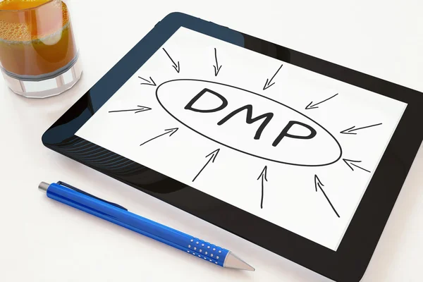 DMP - Piattaforma di gestione dei dati o piano di gestione del debito - concetto di testo su un tablet mobile su una scrivania - illustrazione di rendering 3d . — Foto Stock