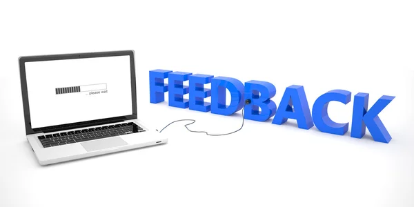 Feedback - laptop notebook computer connected to a word on white background. 3d render illustration. — Stockfoto