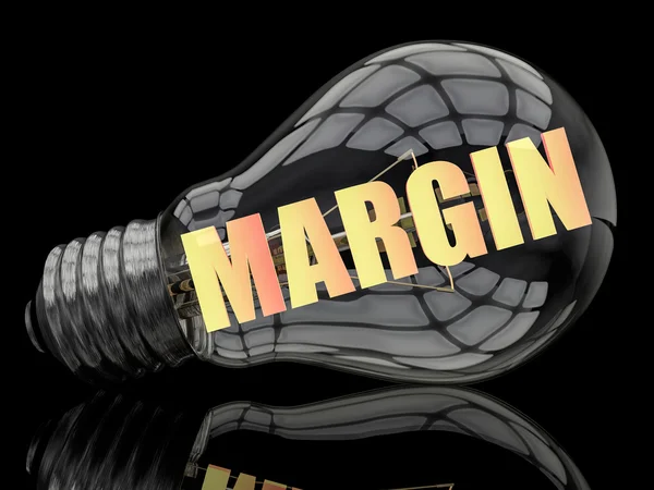Margin - lightbulb on black background with text in it. 3d render illustration. — Stok fotoğraf