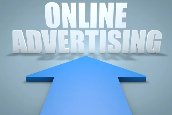 Online Advertising - 3d render concept of blue arrow pointing to text. — Stok fotoğraf